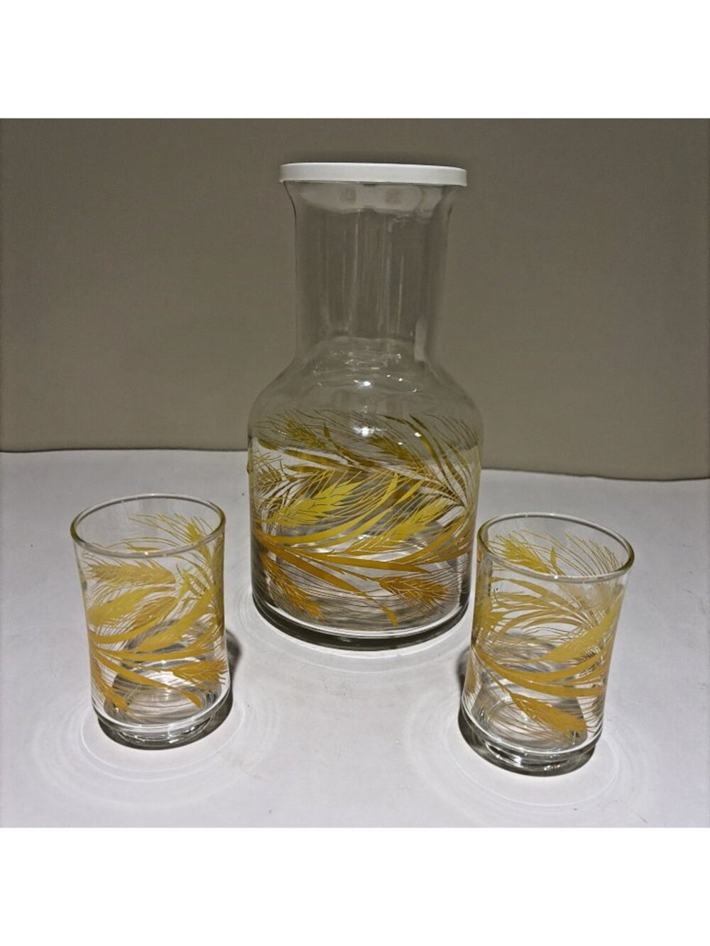 Vintage Libbey Juice Pitcher Carafe With Lid & 2 Glasses Golden Wheat Pattern